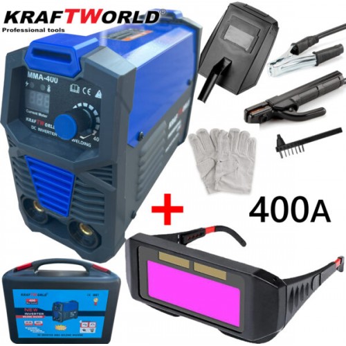 Инверторен Електрожен 400А KraftWorld + Соларни Очила – с Дисплей, Куфар, Кабели, Маска, Чукче