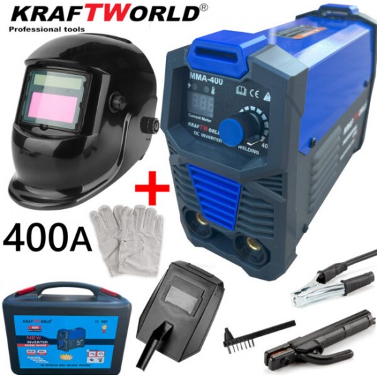 Инверторен Електрожен 400А KraftWorld + Соларна Маска – с Дисплей, Куфар, Кабели, Маска, Чукче