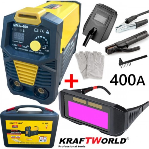Инверторен Електрожен 400А KraftWorld + Соларни Очила – с Дисплей, Куфар, Кабели, Маска, Чукче