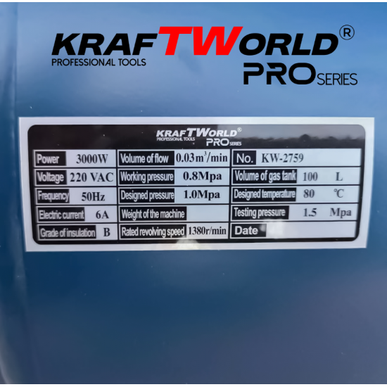 Тих Безмаслен компресор KraftWorld 100 л – 3000W, 8 bar
